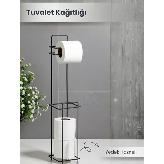 Siyah Standlı Yedek Hazneli Tuvalet Kağıtlığı