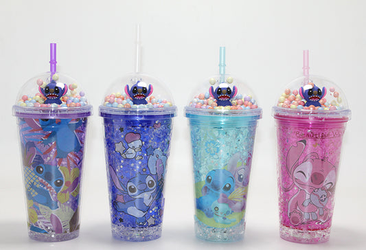 Sevimli Stitch Işıklı Pipetli Pullu Suluk Bardak 400 ml