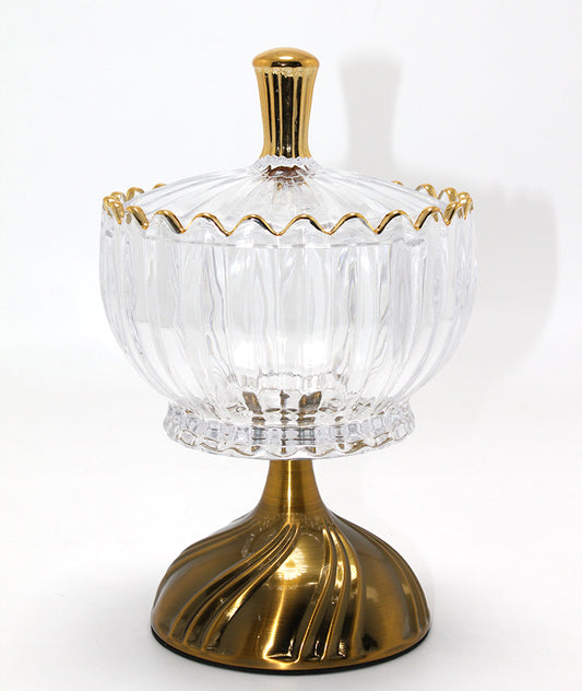 Metal Ayaklı Kristal Cam Şekerlik Gold Detaylı Sunumluk
